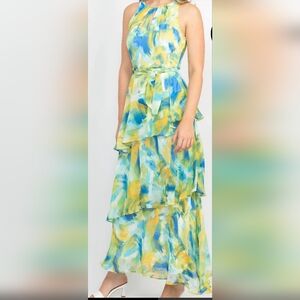 Tahari Blue and Yellow Artistic Dress. Tahari Jewel Neck Printed.